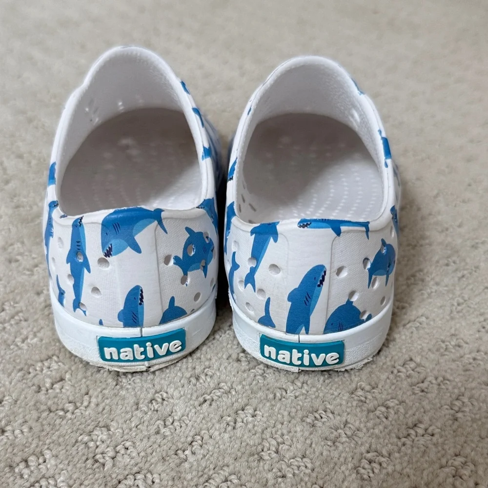 Native Kids Jefferson White Slip-On Water Shoes with Blue Shark Pattern